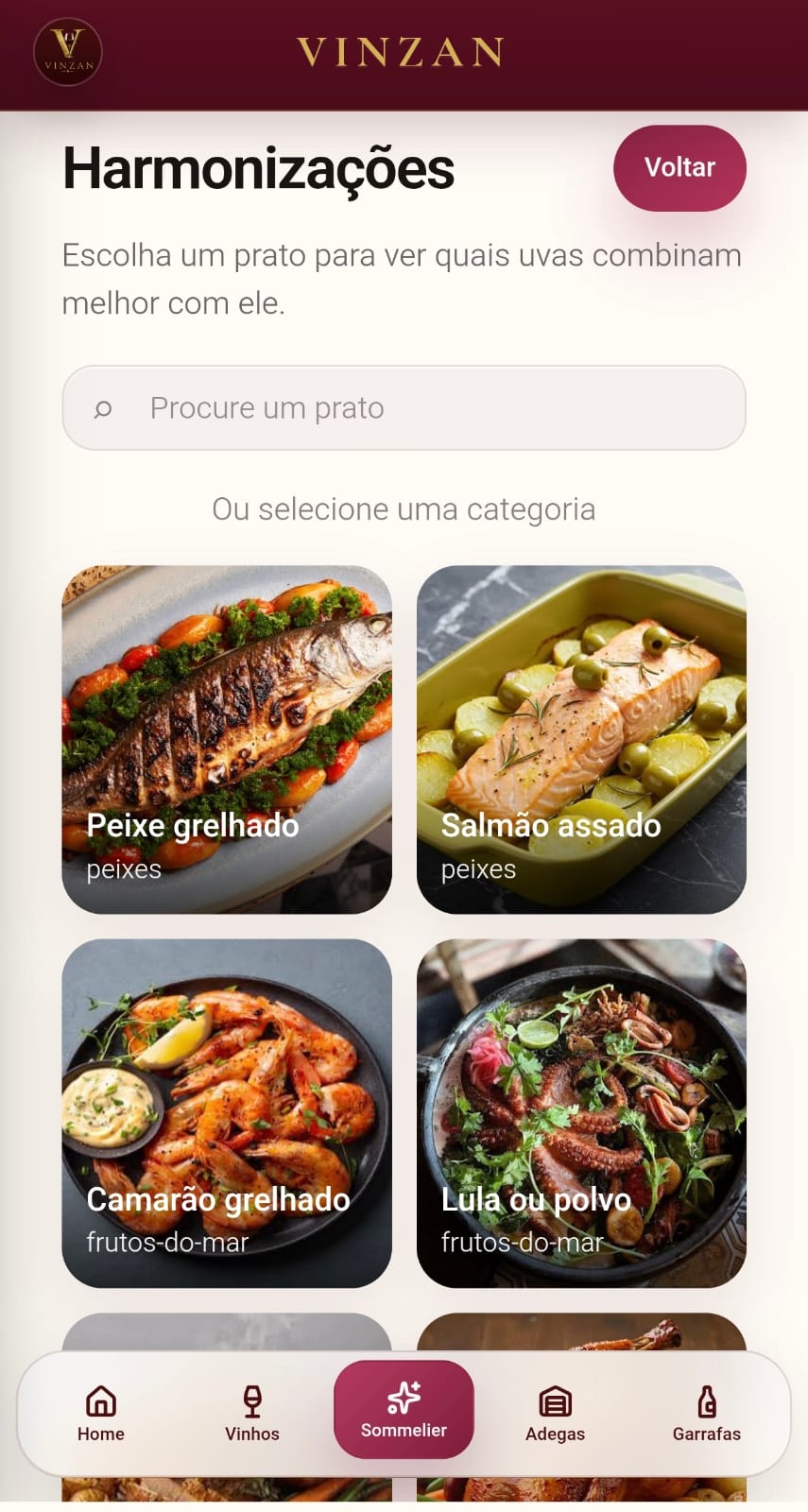 Tela de harmonização no app Vinzan