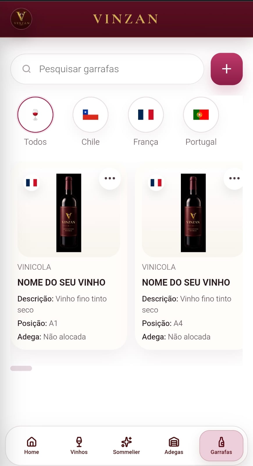 Tela do app VINZAN com as garrafas cadastradas, a posição e a adega de cada uma