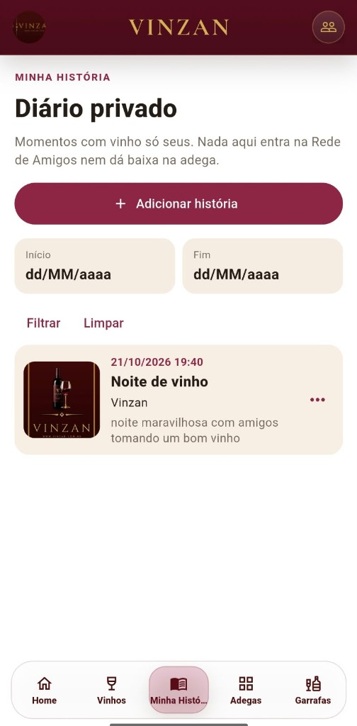 Foto ilustrativa do aplicativo VINZAN no celular. A captura da tela do diário ainda será substituída.
