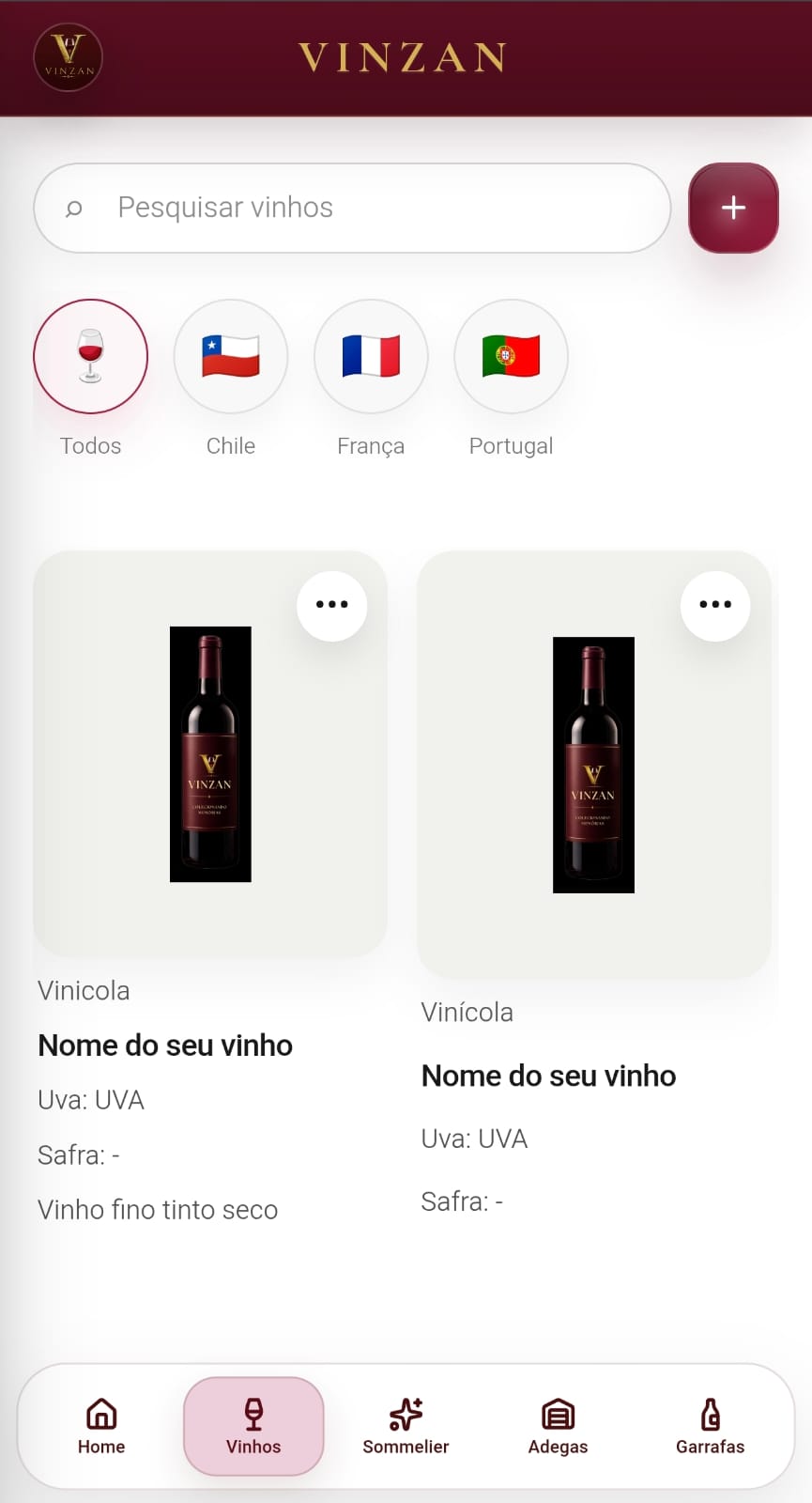 Tela do app VINZAN com a lista de vinhos cadastrados, busca e filtro por país