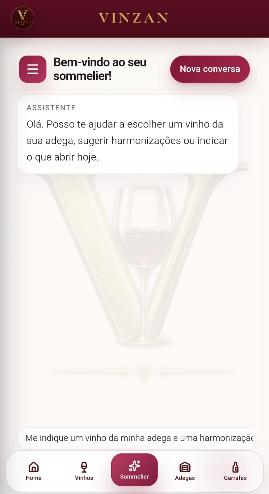 Tela do sommelier no app Vinzan